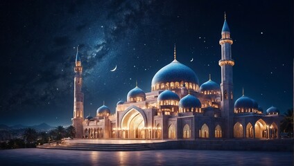 Fototapeta premium New Eid al-Fitr Celebration: Mosque Glowing under Starry Night Sky with Crescent Moon Background