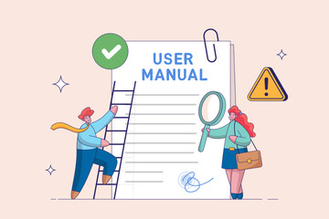 User information concept. Customer guide, technical document. People read user manual book. Managers reading and writing guide instruction. Vector illustration in flat design for UI, web banner.