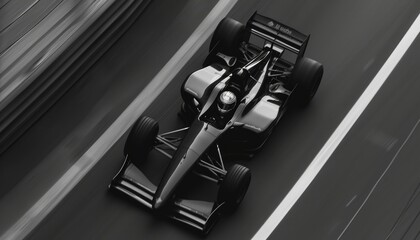 Brandless fully black Formula 1 bolid from above while racing on high speed, F1 car racing 