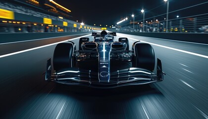 Fototapeta premium Brandless fully black Formula 1 bolid front view while racing on high speed at night, F1 car racing 