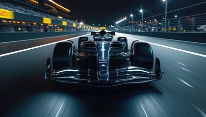 Brandless fully black Formula 1 bolid front view while racing on high speed at night, F1 car racing 