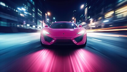 Fototapeta premium Brandless pink supecar front view racing on high speed at night street