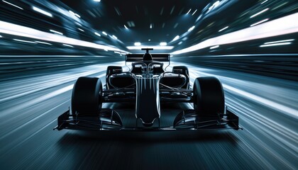 Brandless fully black Formula 1 bolid front view while racing on high speed at night, F1 car racing 
