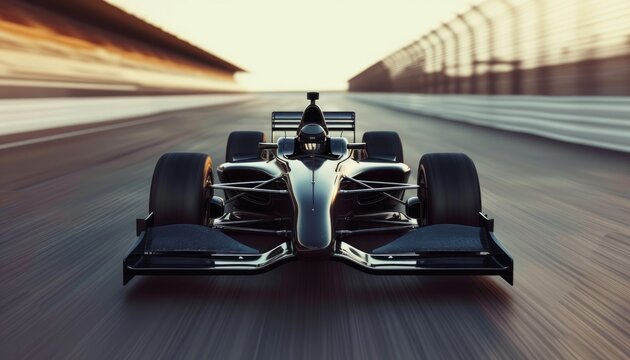 Brandless fully black Formula 1 bolid front view while racing on high speed, F1 car racing 