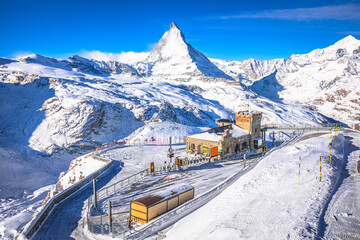 Gorngerat cogwheel railway station and Matterhorn peak in Zermatt ski area view