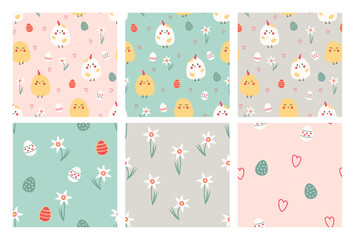 Set of seamless patterns for Easter with chicks and Easter eggs