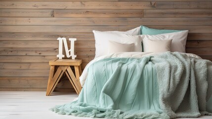 Fototapeta na wymiar Decorative letter with home inscription on wooden background in the bedroom with turquoise blanket.
