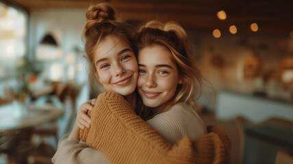 Mom and daughter hugging at home