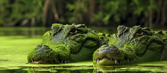 Poster Crocodiles in a lake were disguised by moss, blending with their surroundings. © 2rogan