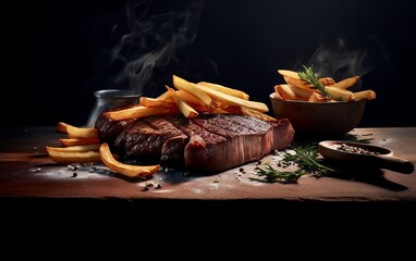 Steak and French Fries on Table