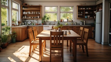 Obraz premium Wood table and chairs in kitchen and living room in daylight.