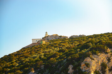 Fototapeta na wymiar Capo Caccia lighthouse perched atop a verdant cliff under a clear sky in Sardinia, Italy