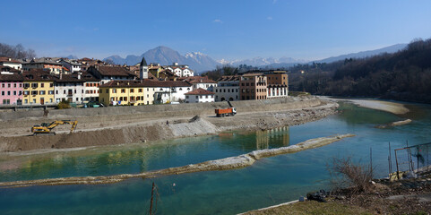 View of the city of Belluno with the Dolomites in the background. Veneto, Italy