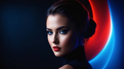 Adorable model shines in red and blue ensemble. Backdrop artwork complements her grace.