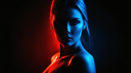 Fototapeta premium Captivating portrait of a girl in red and blue attire. Artistic backdrop accentuates her charm.