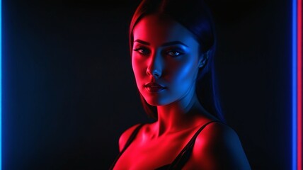 Adorable girl exudes confidence in red and blue style. Backdrop artwork complements her grace.