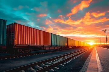 Obraz premium Freight train with colorful containers on a railway track during a vibrant sunset, symbolizing transport and logistics.