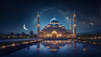 Fototapeta na wymiar New Eid al-Fitr Celebration: Mosque Glowing under Starry Night Sky with Crescent Moon Background