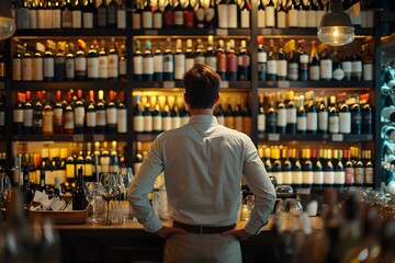 Fototapeta premium Back view Bartender Looking at Full Shelves of Wine