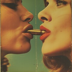 retro poster on the theme of disarmament .model holding a bullet with her lips - obrazy, fototapety, plakaty