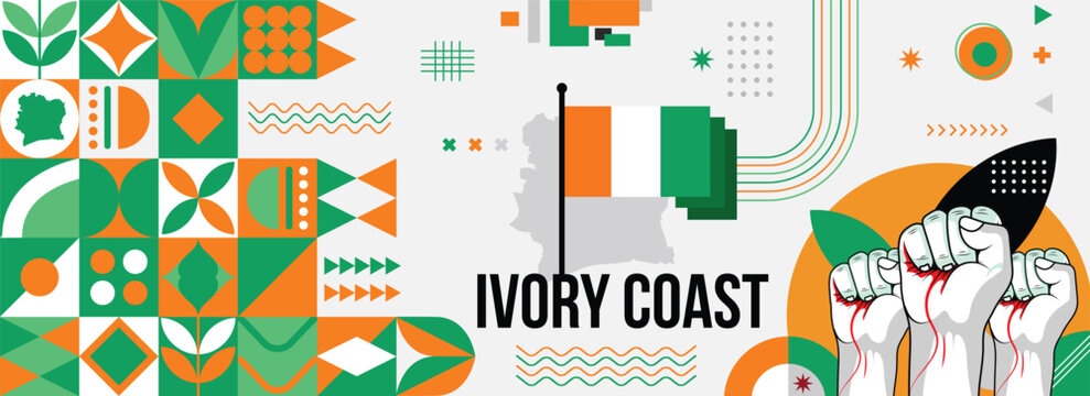 Ivory Coast national or independence day banner for country celebration. Flag and map of Cote Divoire with raised fists. Modern retro design with typorgaphy abstract geometric icons.