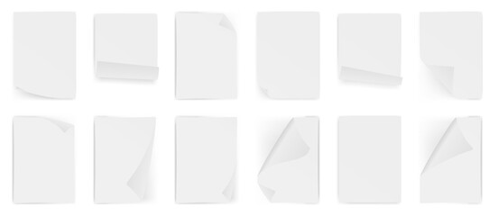 Blank grey sticker collection with curled corner. Blank paper stickers of different shapes. Set of empty template rectangle sticky labels