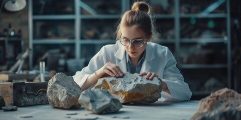A female geologist researcher analyzes a rock