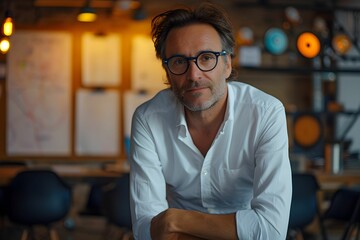 Obraz premium Portrait of a thoughtful mature businessman wearing glasses in a modern office environment, reflecting leadership and professionalism.
