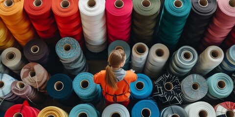 A textile factory worker inspects rolls of fabric