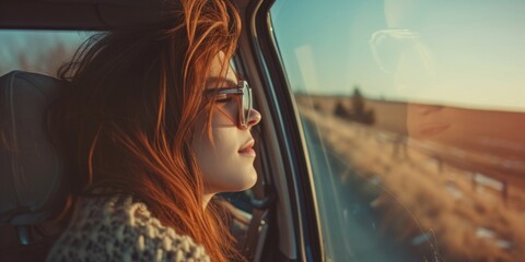 A young woman is relaxing in a car