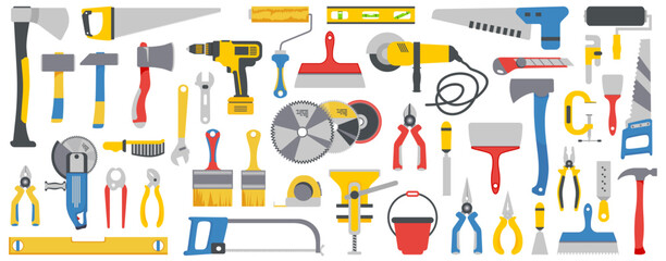 Construction instrument tools collection in a flat design. Axe, saw, hammer, pliers, knife, tape measure, brush