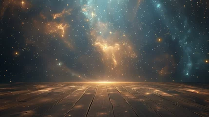 Poster a room with a wooden floor and a sky filled with stars and a beam of light in the center of the room. © Thanthara