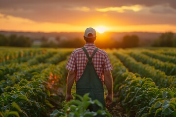 Fototapeta premium Farmer in the Field at Sunset