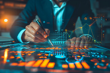 Businessman sketching a growing virtual hologram of statistics, graphs, and charts. Representing the stock market and sales data analysis. Neural network generated image. Not based on any actual
