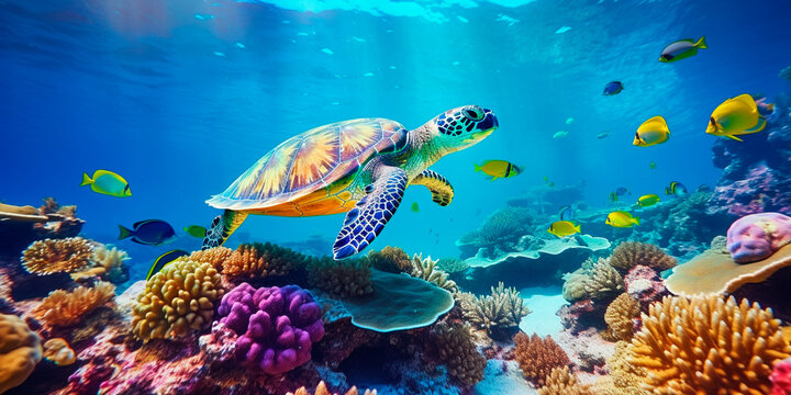 Herd of tropical colourful fishes and turtles around colour reefs underwater view.