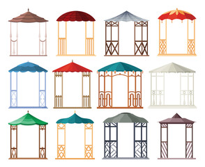 Gazebos pergolas in various styles. Architecture wooden bower flat cartoon icons set. Pavilion structure, city park or gardens area element isolated on white background.  illustration