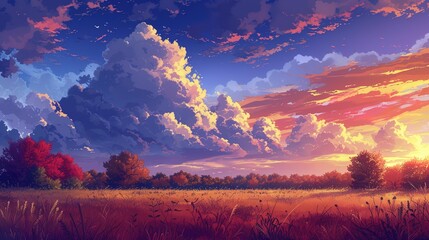 Autumn sky, Anime-style illustration of the autumn sky at dusk with thunderclouds - obrazy, fototapety, plakaty
