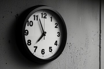 Minimalist black and white clock, stark contrast, on a gray wall