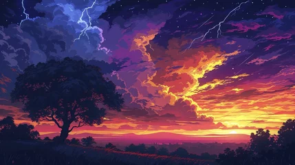 Tuinposter Autumn sky, Anime-style illustration of the autumn sky at dusk with thunderclouds © Thanthara