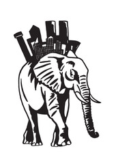 Graphical elephant with megapolis silhouettes walking on white background, vector illustration