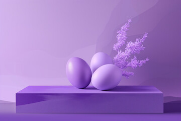Minimal concept of purple eggs on the purple pedestal with lavanda. Ultra violet Easter composition and love idea. Copy space.