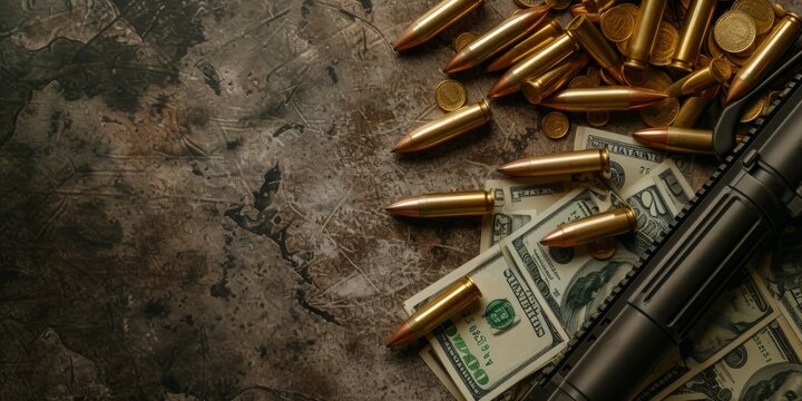 Bullets, money, weapons showing terroristic concept.