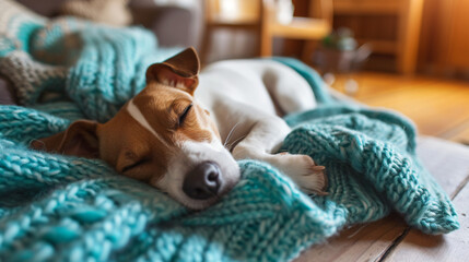 Young dog, Jack Russell Terrier, sleeping on turquo_