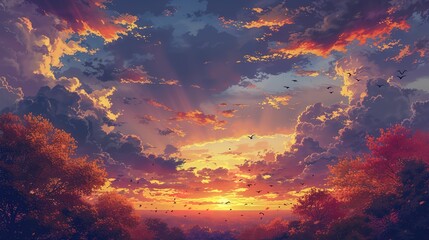 Autumn sky, Anime-style illustration of the autumn sky at dusk with thunderclouds  - obrazy, fototapety, plakaty