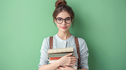 young lady with a bun hairstyle carrying a colorful selection of books, standing before a vivid green background