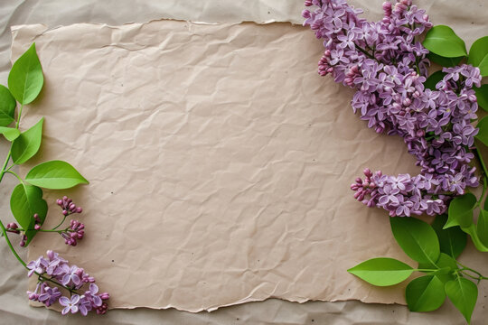 A blank kraft paper Mother's Day card with a sprig of lilacs. card with copy space for text