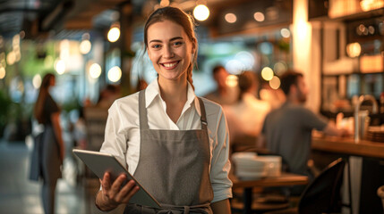 A welcoming waitress in a casual apron smiles as she takes customer orders on a digital tablet in a bustling restaurant.