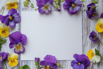 A blank white Mother's Day card decorated with pressed purple and yellow pansies.