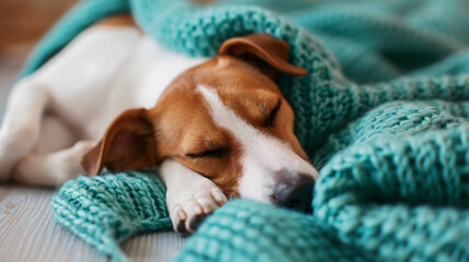 Young dog, Jack Russell Terrier, sleeping on turquo_