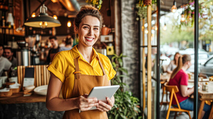 A welcoming waitress in a casual apron smiles as she takes customer orders on a digital tablet in a bustling restaurant.